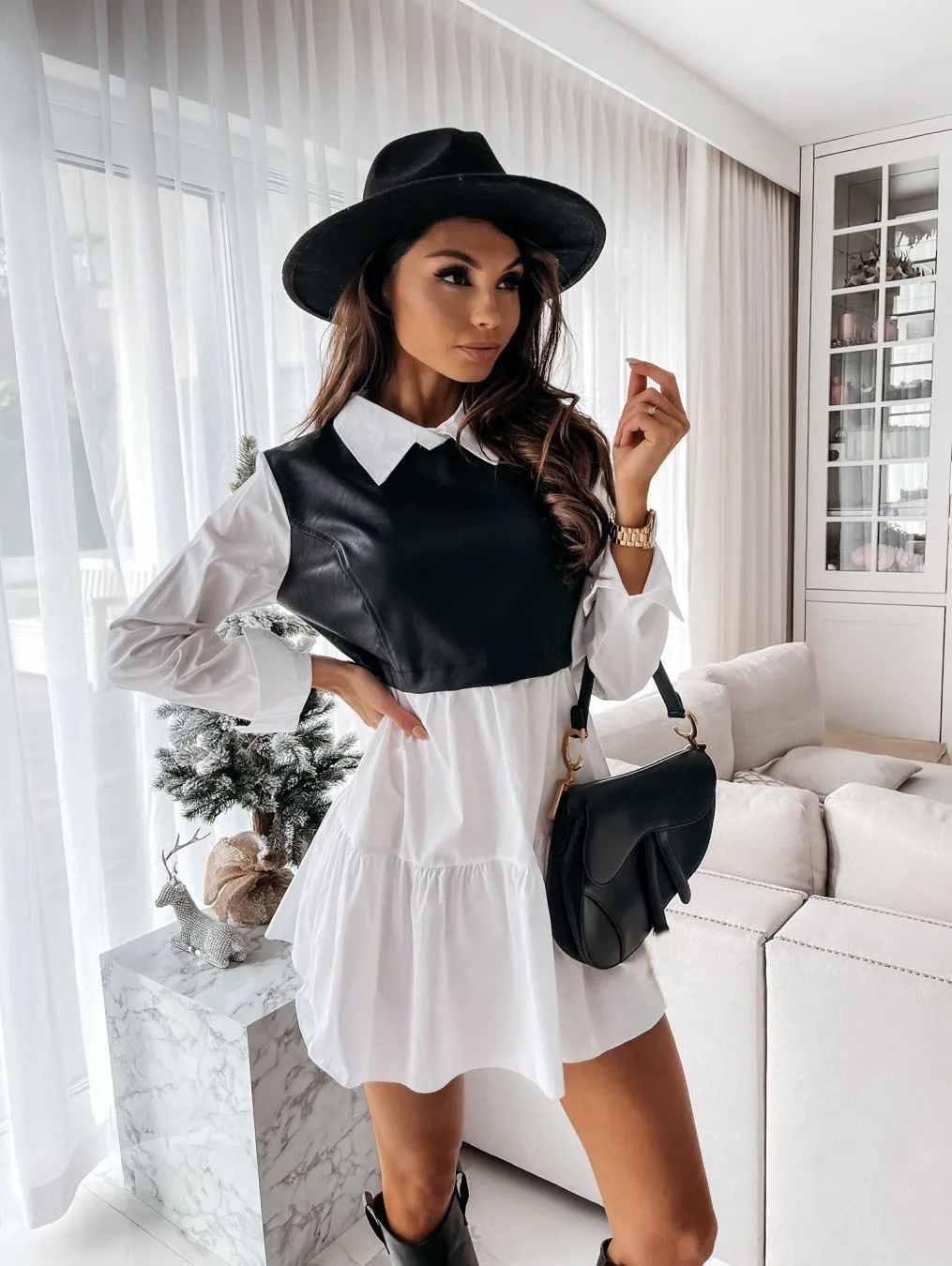 Plaid Shirt Casual Vestidos Long Sleeve White Short Dress For Women Summer PU Leather Patchwork Sweet Office Ladies Mini Dresses