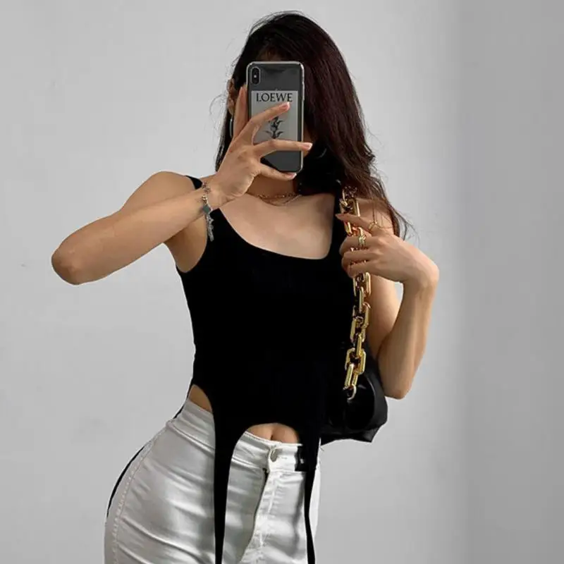 Ootddress Y2k Croset Top Women Summer Fashion Vintage Irregular Rib Knitted Sleeveless Slim Cropped Tops Feminino Sexy Tank Top