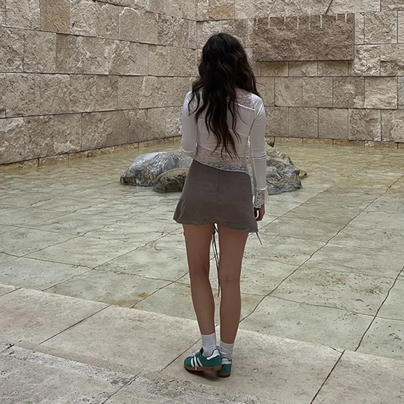 Ootddress Lace Patchwork See-Through Crop top For Women Fashion Sexy Long Sleeve Slim Patchwork Cropped Y2k Top Female Clothes Tee