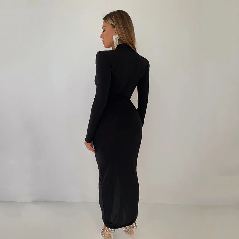 Ootddress Elegant Deep V Neck Full Sleeve Long Dress For Women Robe Fashion Autumn New Irregular Ruched Bodycon Midi Dress