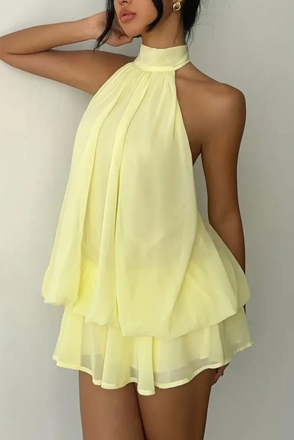 Fashionable Chiffon Halter Neck Backless Lace-up Casual Vacation Mini Dress