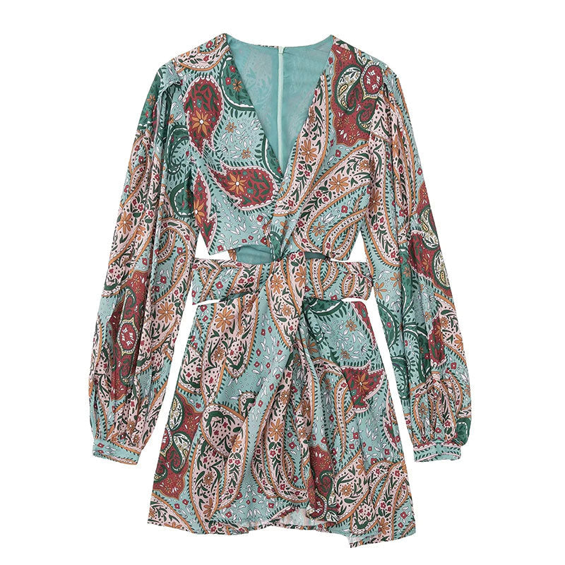Paisley Print Plunging V-Neck Slit Sleeve Cutout Waist Tie Boho Mini Dress