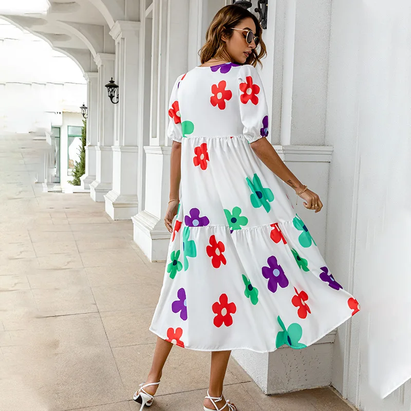 2025 Summer New Women's Print Dress Puff Short Sleeves Ruffles Loose A-line Midi Dresses Fashion Casual Beach Vacation Vestidos 17 undefined