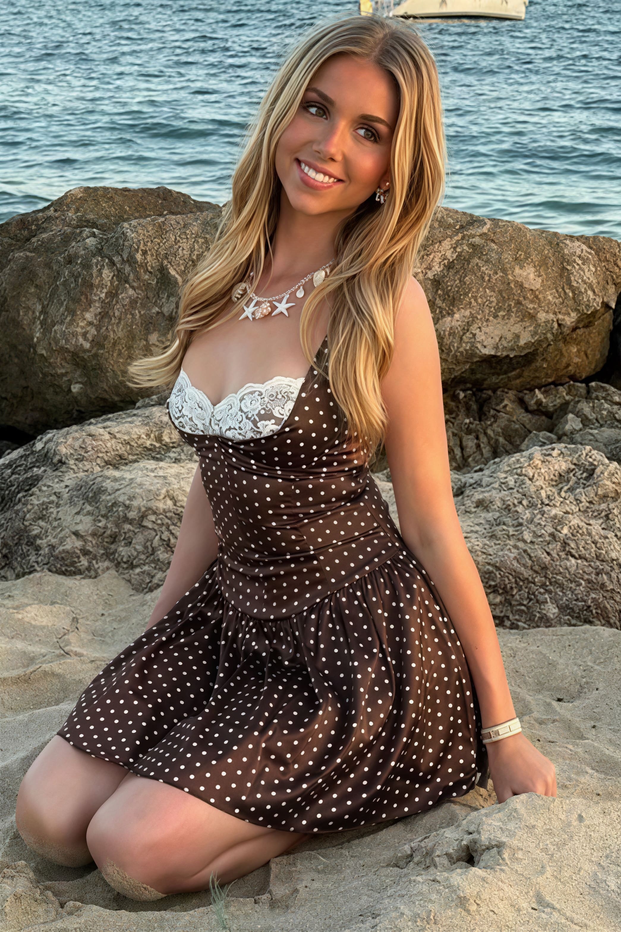 Polka Dot Lace Trim Bustier Square Neck Drop Waist Mini Dress