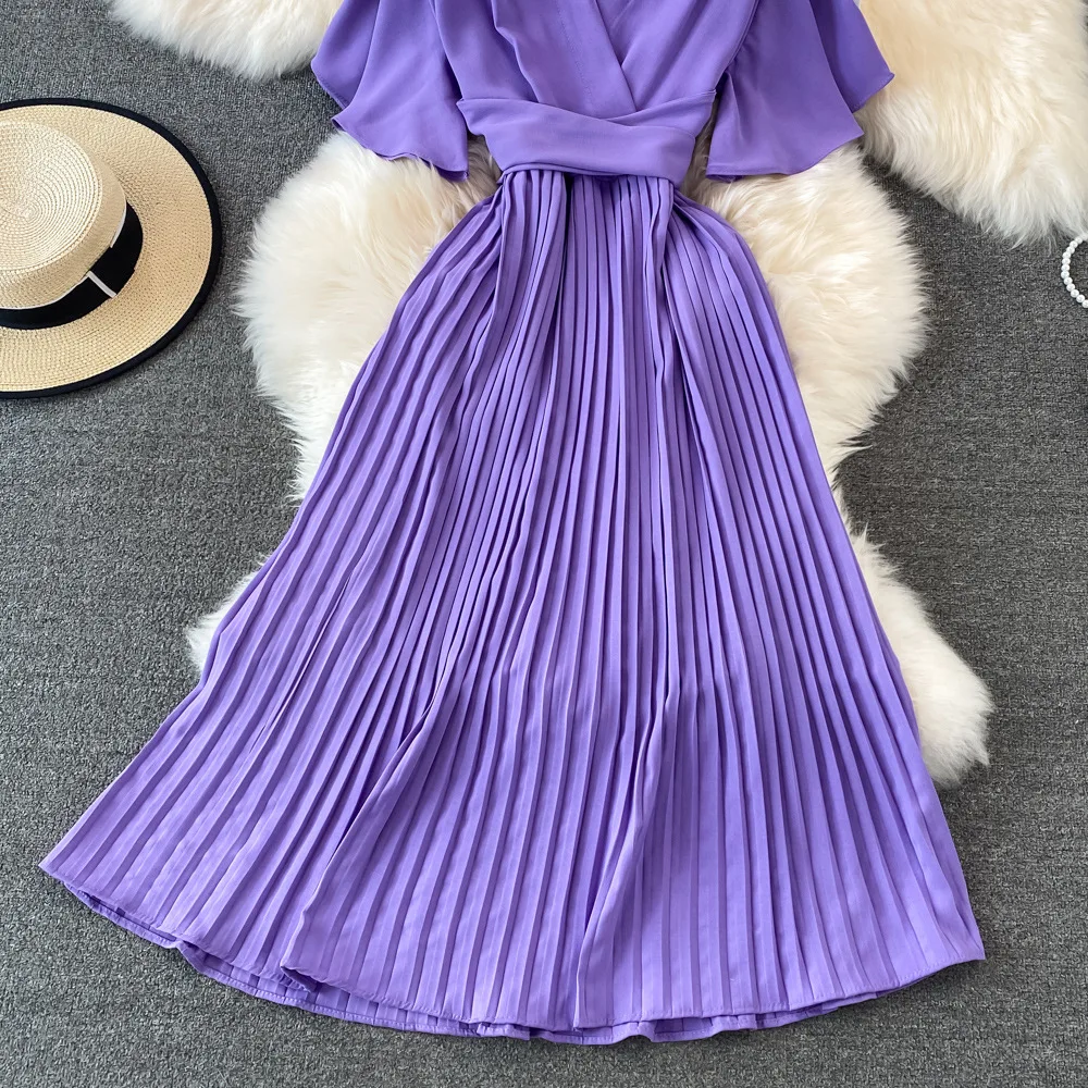 Women Elegant Pleated Dress Summer Short Sleeve V-neck Vintage Dresses Ladies A Line High Waisted Midi Dress