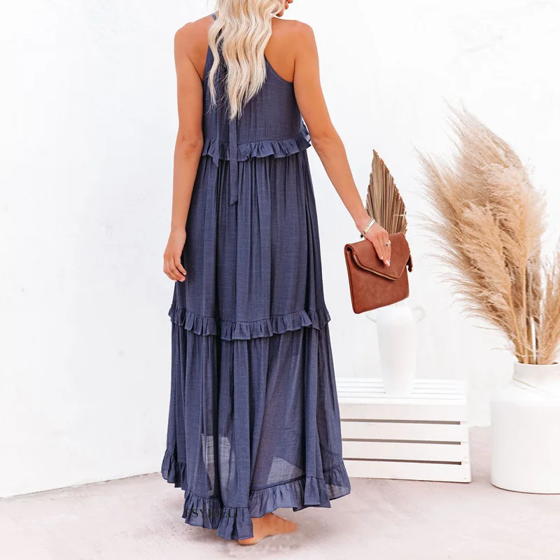 Summer Vacation Style Halter Neck Long Dresses Women Fashion Backless Leace-up Loose Ruffles Beach Dress Elegant Ladies Vestidos 22 Summer Vacation Style Halter Neck Long Dresses Women Fashion Backless Leace-up Loose Ruffles Beach Dress Elegant Ladies Vestidos