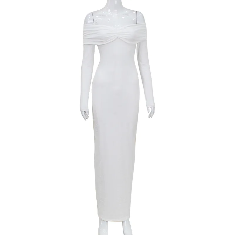 Ootddress White Pleated Slim Maxi Dress Elegant For Women Patchwork Off-Shoulder Fashion High Waist Dress Ladies Solid Party Dress