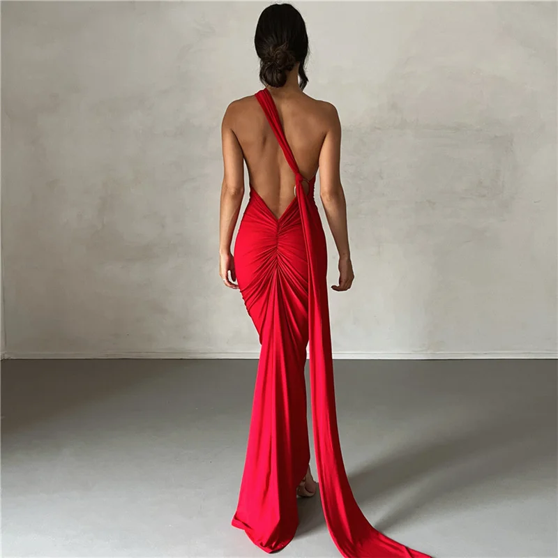 Ootddress Sexy Backless Hanging Neck Bodycon Evening Dress For Women Strapless Max Female Dress Charming Club Party Prom Dress