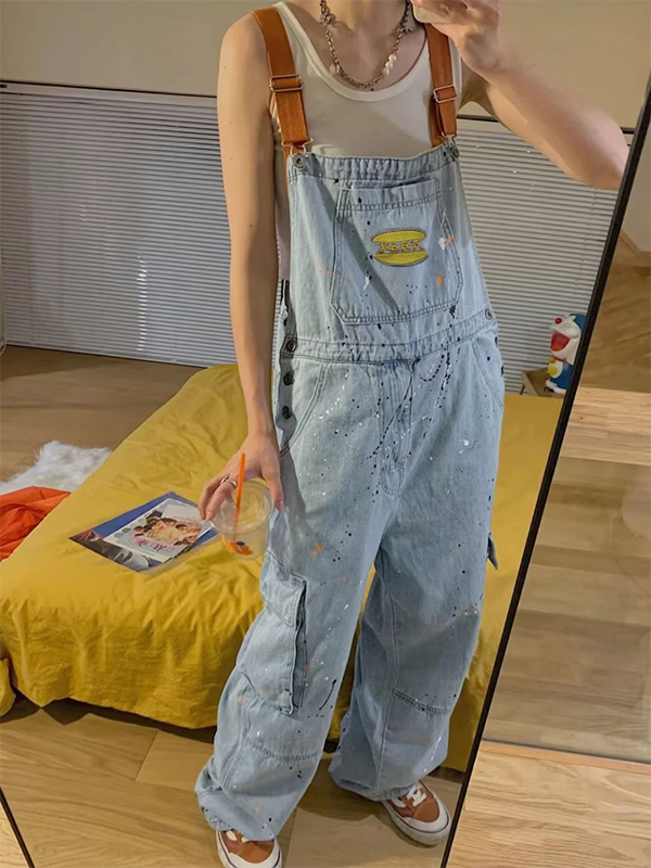 Vintage Big Pocket Splash Ink Print Overalls