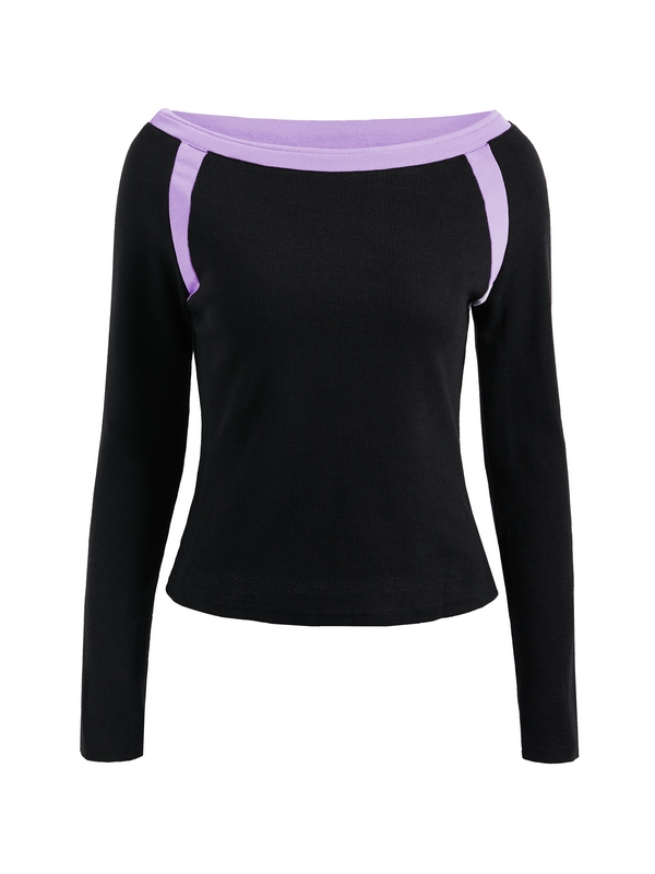 Contrast Color Off Shoulder Long Sleeve Tee