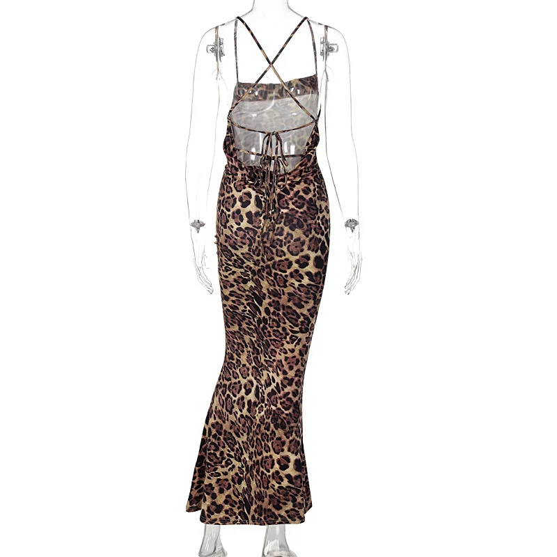 Ootddress Elegant Leopard Print Maxi Dress For Women Summer Sexy Club Party Dresses Female Spaghetti Strap Sleeveless Long Dress