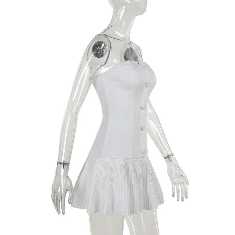 JULISSA MO Sexy Strapless Pleated Women Dress White Single Breasted High Waist Dress Female Summer Skinny Elegant Party Clubwear