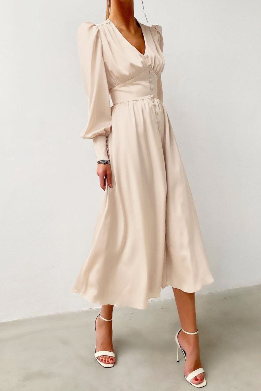 Deep V-Neck Lantern Sleeve Button Front Cinched Waist Satin Midi Dress