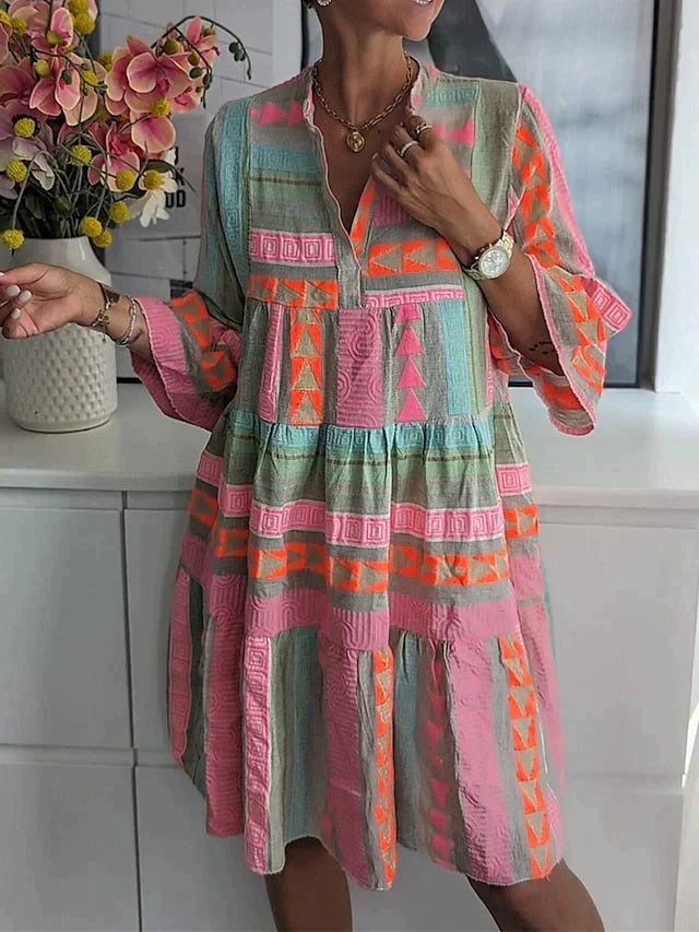Mandarin Collar Tiered Bell Sleeve Geometric Print Mini Dress