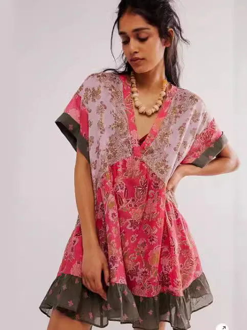 Color Vintage Print Mini Dresses Women Spring Summer New V-neck Short Sleeves Folds Loose Irregular Short Dress Fashion Vestidos 17 Color Vintage Print Mini Dresses Women Spring Summer New V-neck Short Sleeves Folds Loose Irregular Short Dress Fashion Vestidos