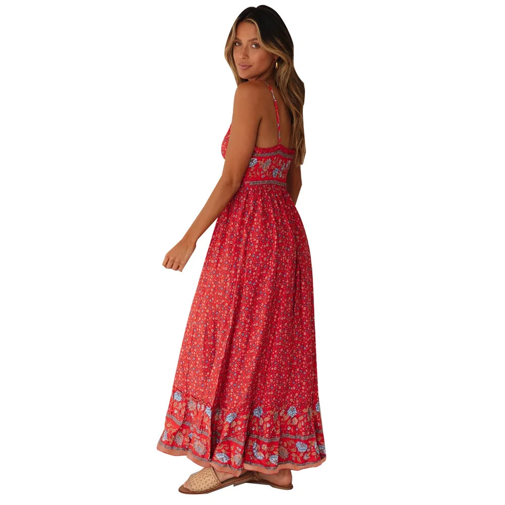 Bohemian Floral Spaghetti Strap Dresses Women Sexy V-neck Backless Casual Beach Vacation Long Dress Female Vestidos Summer New 34 undefined