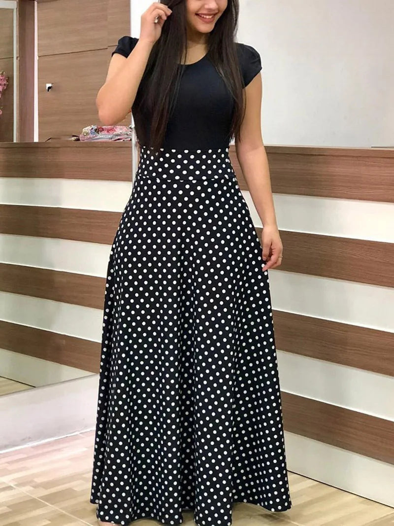 Polka Dot High-Waist Short Sleeve Fit and Flare Maxi Dress