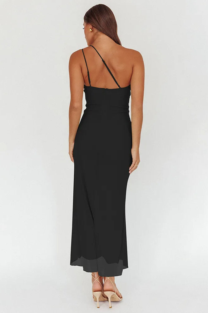 One Shoulder Ruched Vertical Ruffle Front High Split Midi Dress