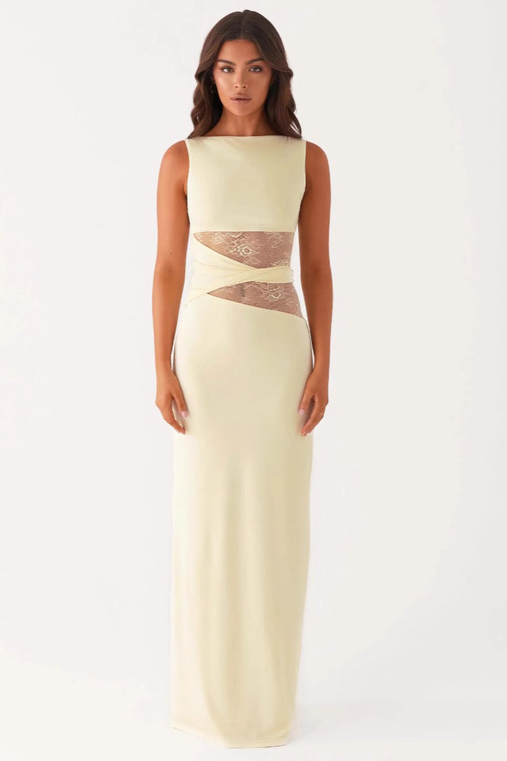 Lace Panel Boat Neck Cut Out Waist Sleeveless Bodycon Maxi Dress