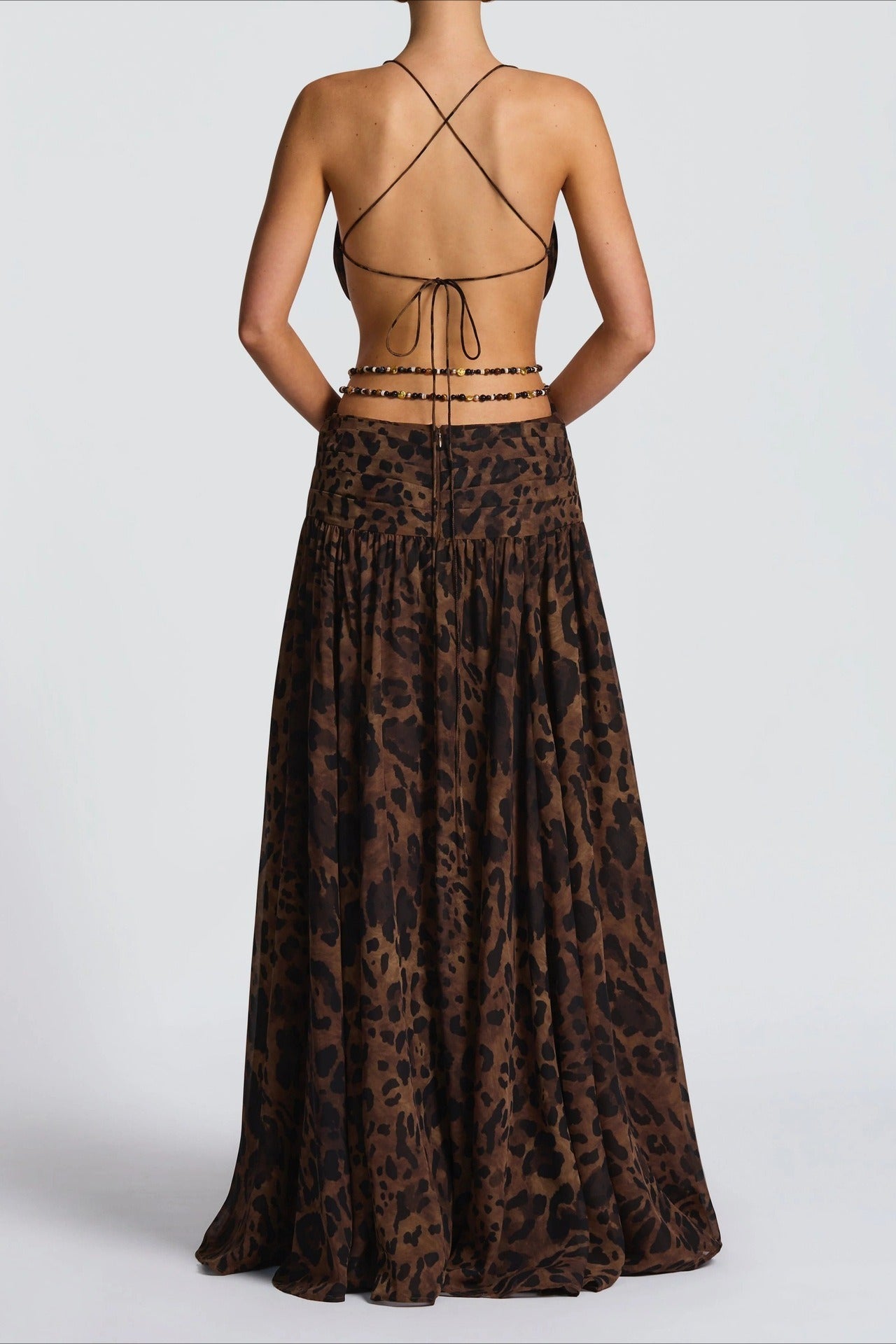 Plunging V Neck Halter Cut Out Waist Buckle High Slit Maxi Dress