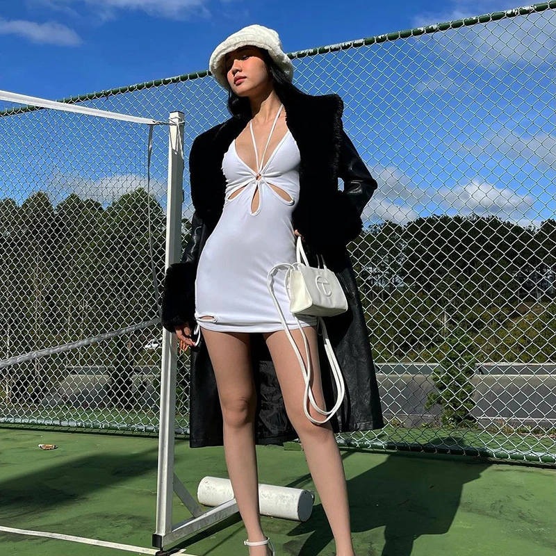 Ootddress White Hollow Out Mini Dresses Summer Sexy Bodycon Backless Party Dress Skinny Sleeveless Night Club Beach Dress