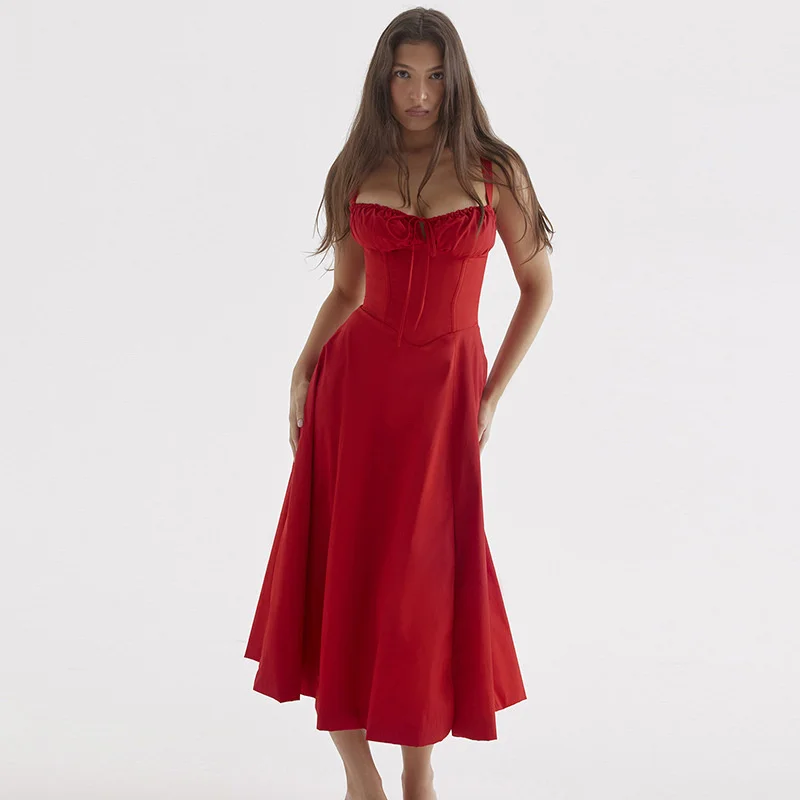 Ootddress Elegant Backless Split Midi Dress For Women Robe Spaghetti Strap Sleeveless Lace-up Pleated Party Long Dress Vestido
