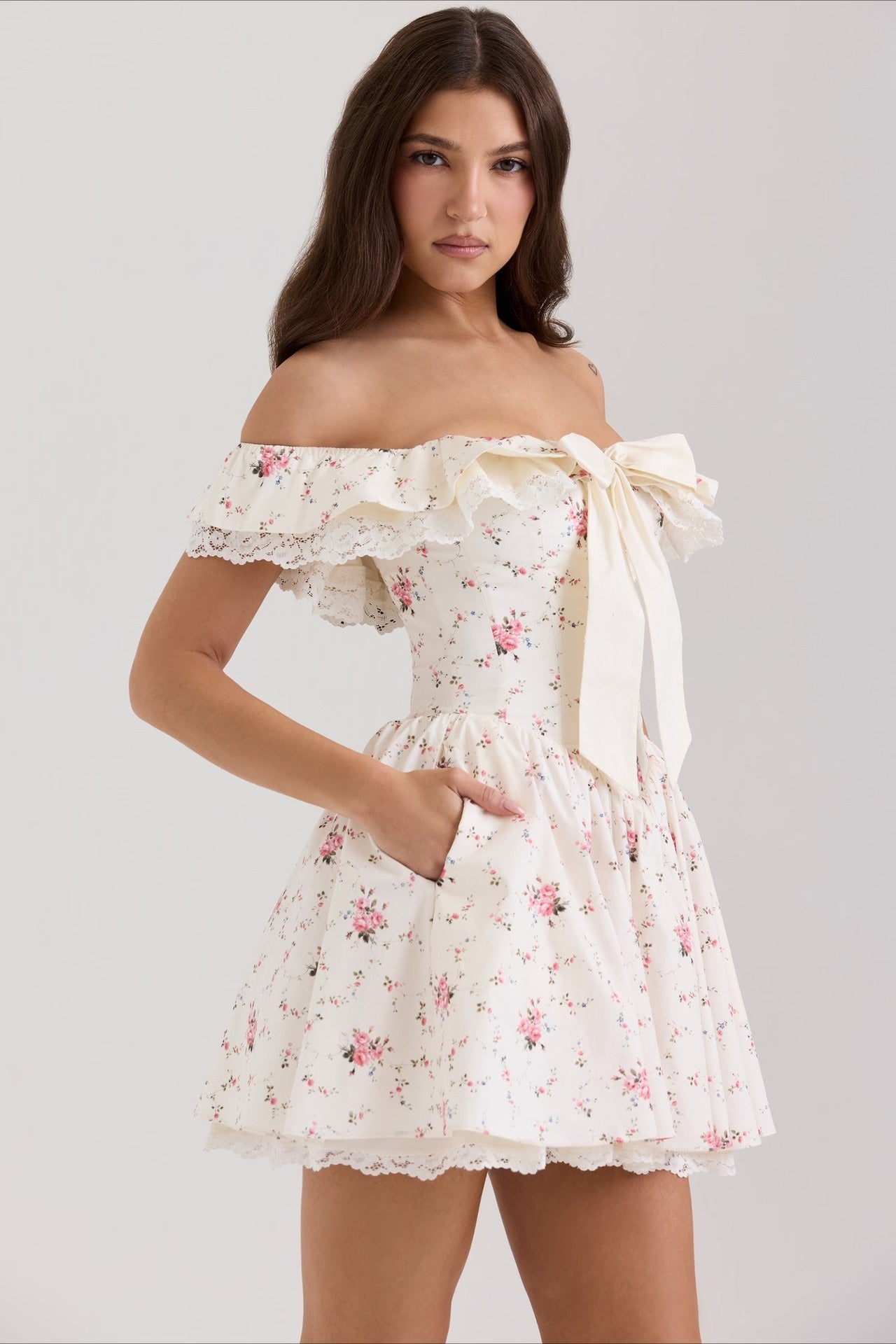 Off Shoulder Lace Trim Ribbon Bow Corset Bodice Floral Print Mini Dress