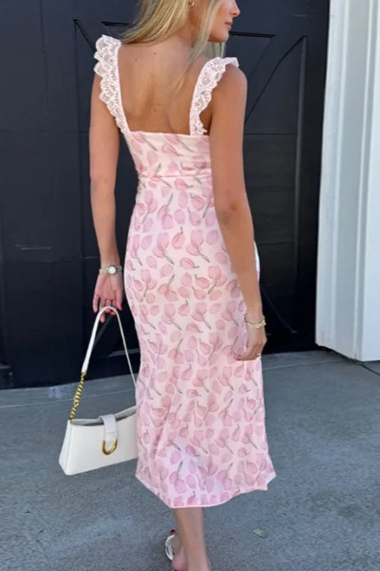 Tulip Floral Print Lace Trim Bow Tie Flutter Strap Midi Slip Dress