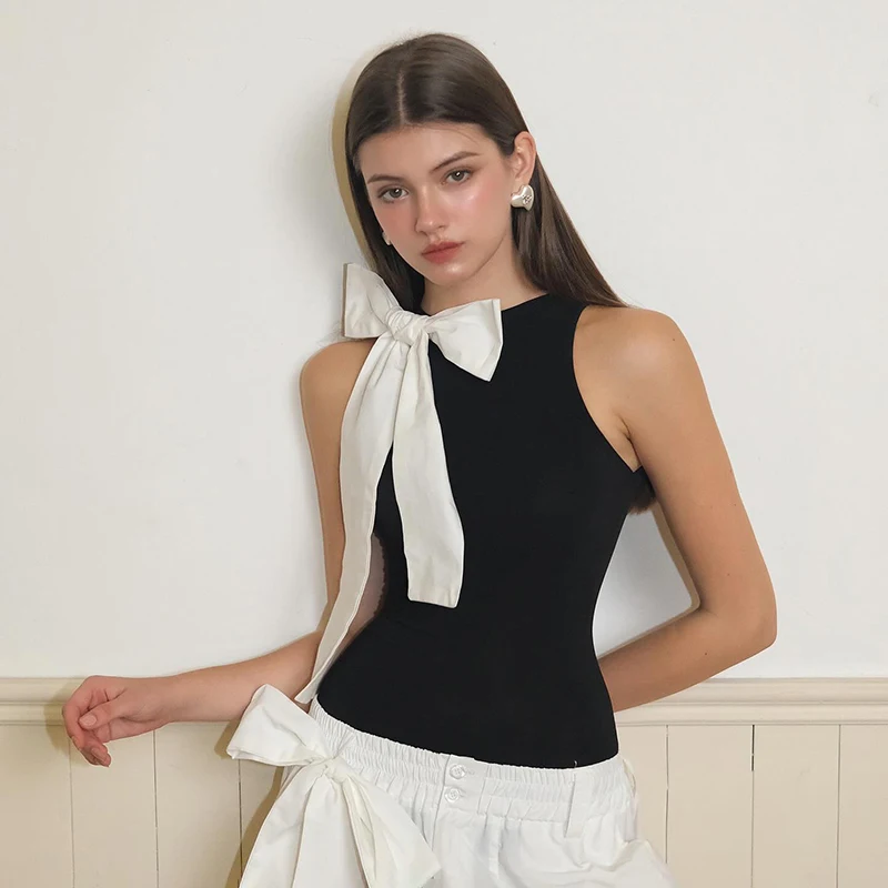 Fashion Slim Fit Sleeveless High Neck One Line Shoulder Bow Bodysuit - Women's Sexy Versatile Pullover
