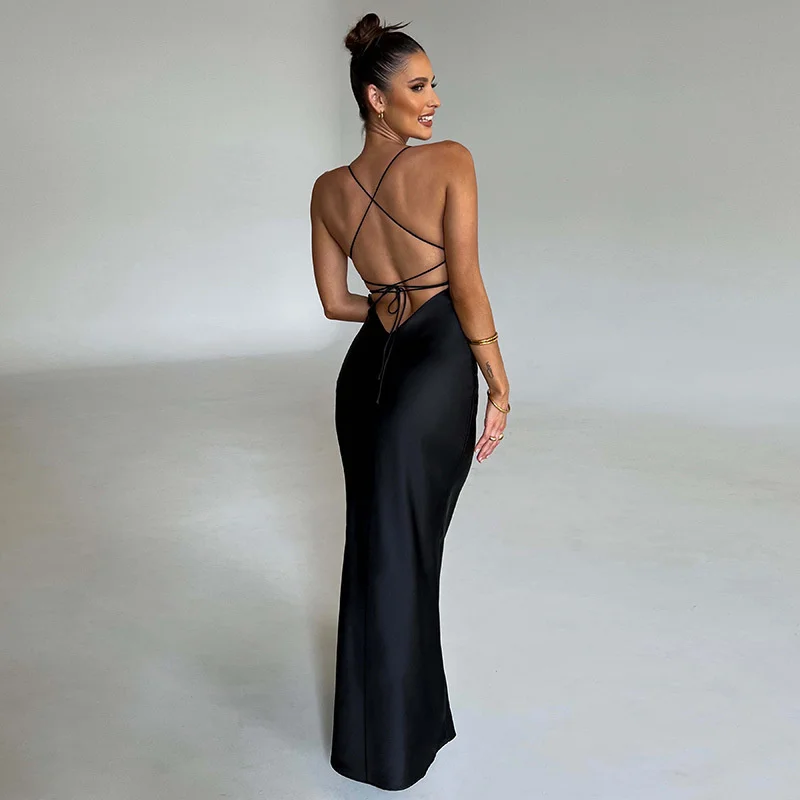 Ootddress Satin Backless Maxi Dress For Women 2025 Autumn New Spaghetti Strap Sleeveless Bodycon Long Dress Vestido Clubwear