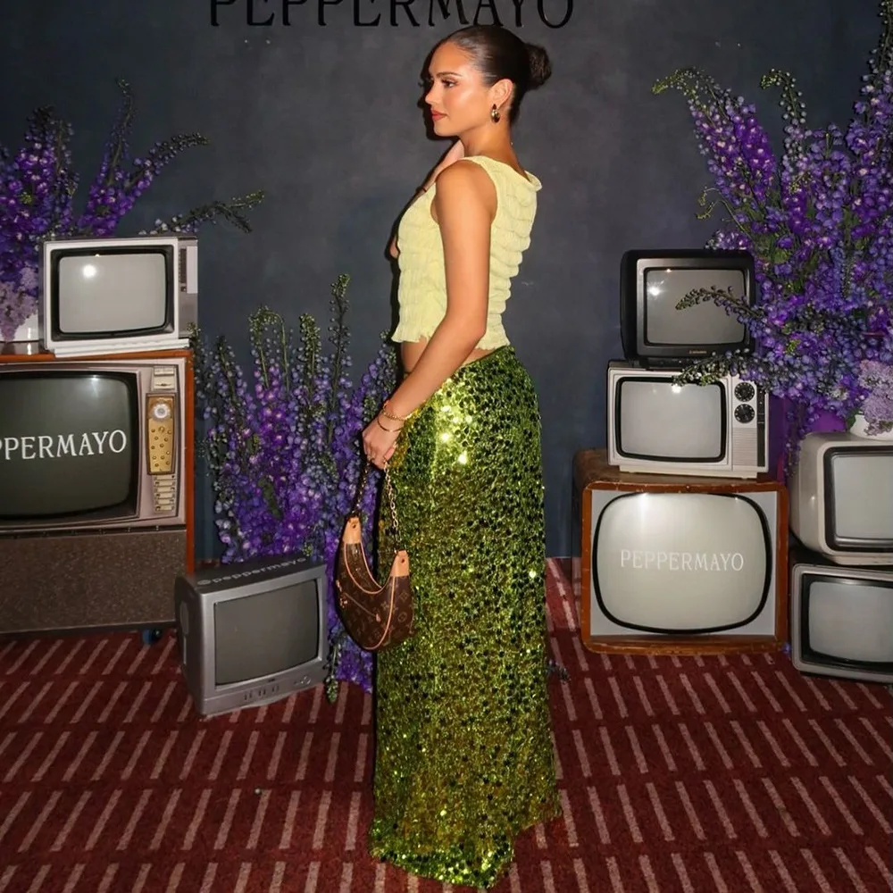 Ootddress Fashion Glitter Sequin Maxi Skirt For Women Slim Patchwork Sexy Party Looks Solid Shiny Metallic Luxury Ladies Long Skirt