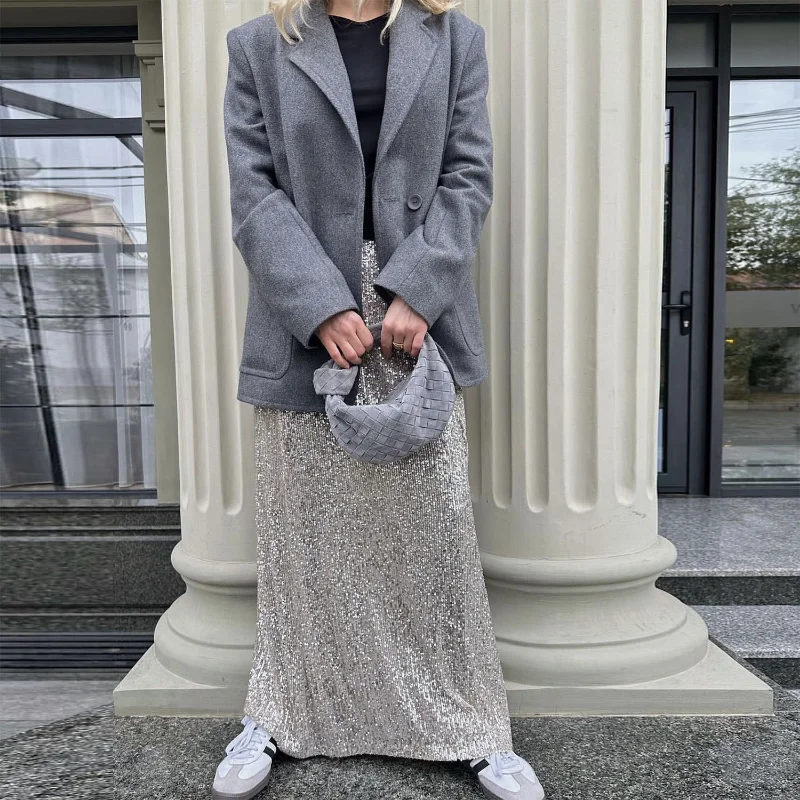 Ootddress Sequins Loose Dress Sets Women Long Sleeve Crop Tops High Waist Sexy Maxi Skirts Ladies Two Piece Suits Womens Outifits