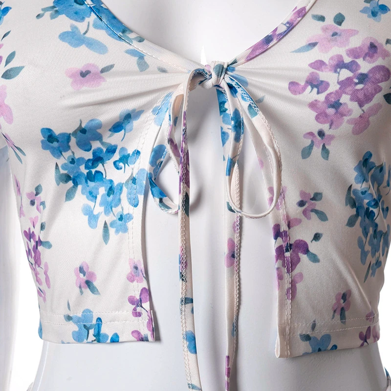 Ootddress Sexy Floral Dress Two Piece Set Women Summer Set Hollow Out Crop-Top And Skirt Suit Cross Lace Up 2025 New Boho Dresses