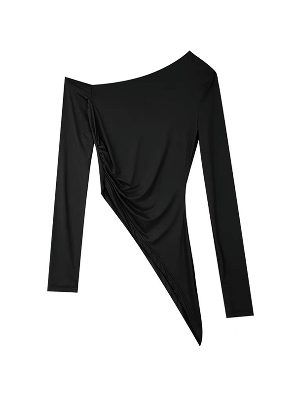 Slanted Shoulder Ruched Irregular Hem Long Sleeve Tee