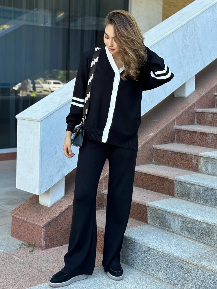 Ootddress Casual Loose 2 Piece-Set Knitwear Contrast For Women Outwear And Wide Leg Trousers Outfits Fashion Knit Women's Pants Sets