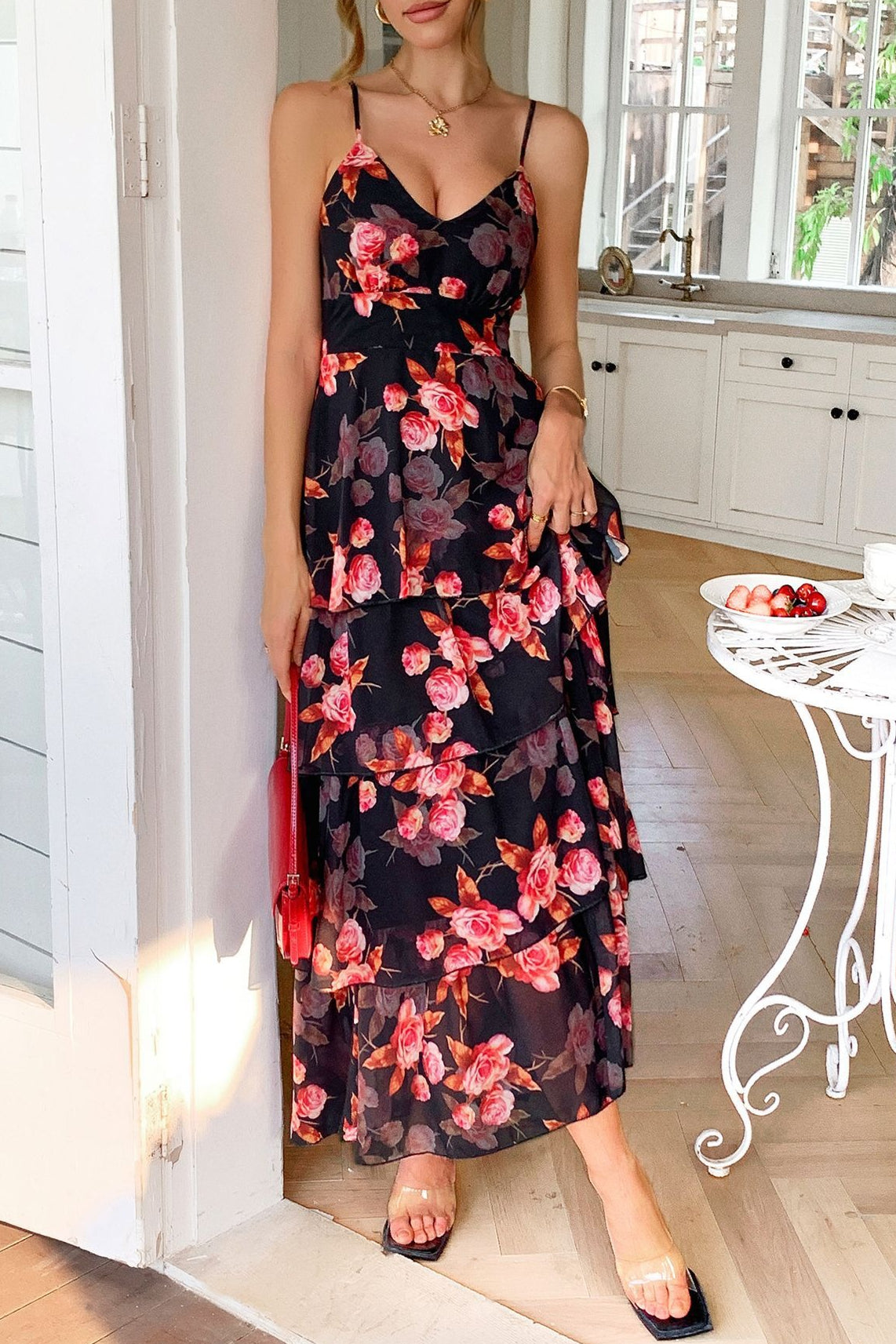 Spaghetti Strap Deep V Floral Print Tiered Ruffle Maxi Dress