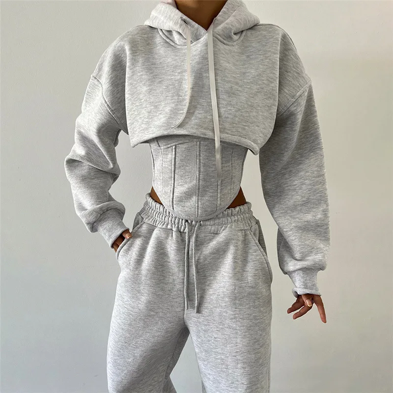 Ootddress Lace Up Pants Sets Women Slim Solid Splice Tank Tops Woman Long Sleeve Short Hoodies And Pant Suits Women Outfits Winter