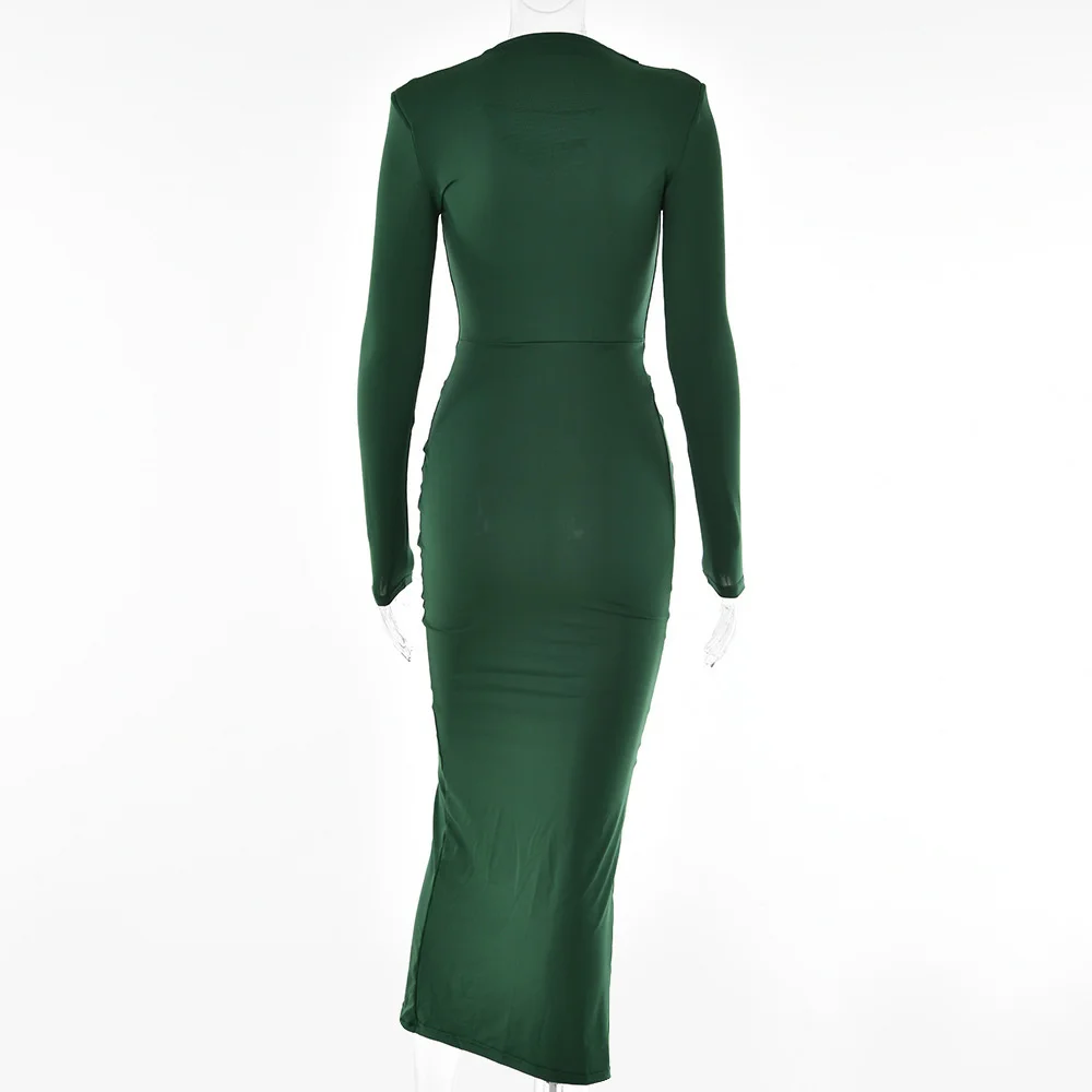 Ootddress Elegant Deep V Neck Full Sleeve Long Dress For Women Robe Fashion Autumn New Irregular Ruched Bodycon Midi Dress