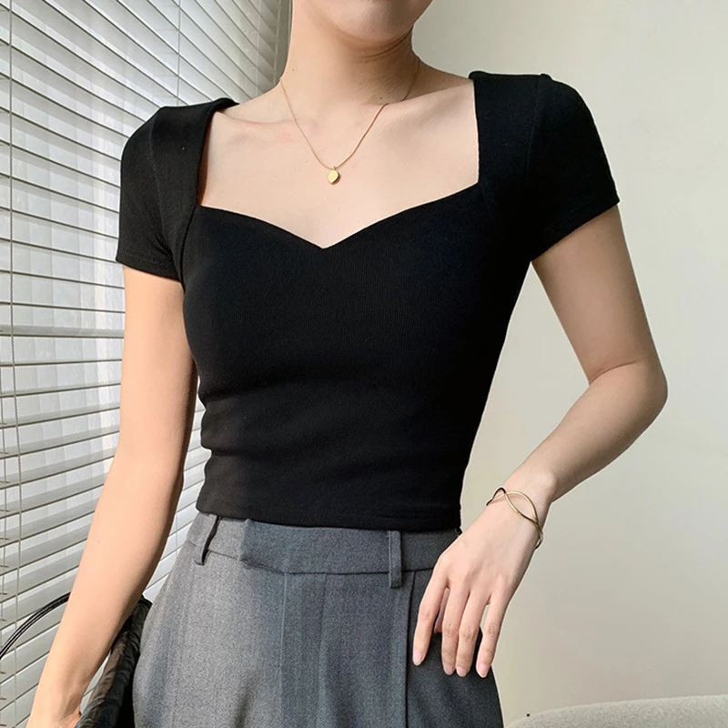 Women Square Neck Rib Crop T-shirt Summer Short Sleeve Crop Top Ladies Sexy Solid Color Short Tops Basic Black Tee Shirt