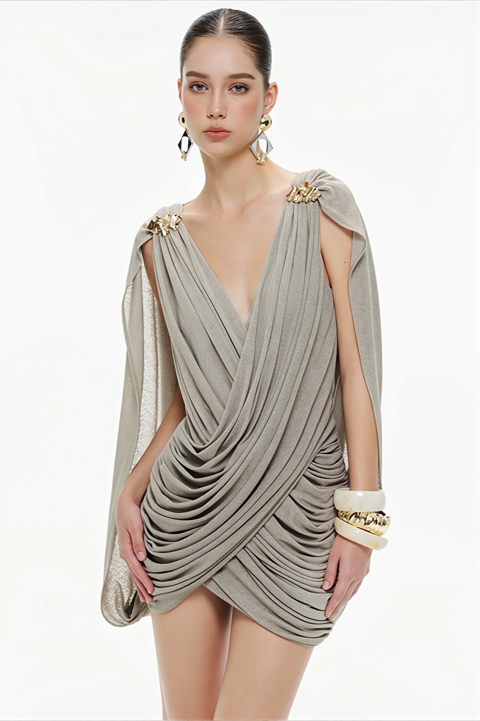 Deep V-Neck Ruched Draped Shoulder Hardware Cape Detail Mini Dress