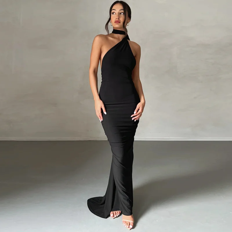Ootddress Oblique Shoulder Backless Maxi Dress For Women Gown Summer Back Strap Sleeveless Ruched Party Sexy Long Dress Vestidos