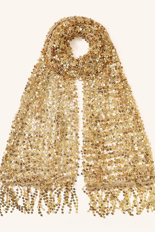 Stylish Sequined, Fringed, and Open-knit Shawl-style Scarf