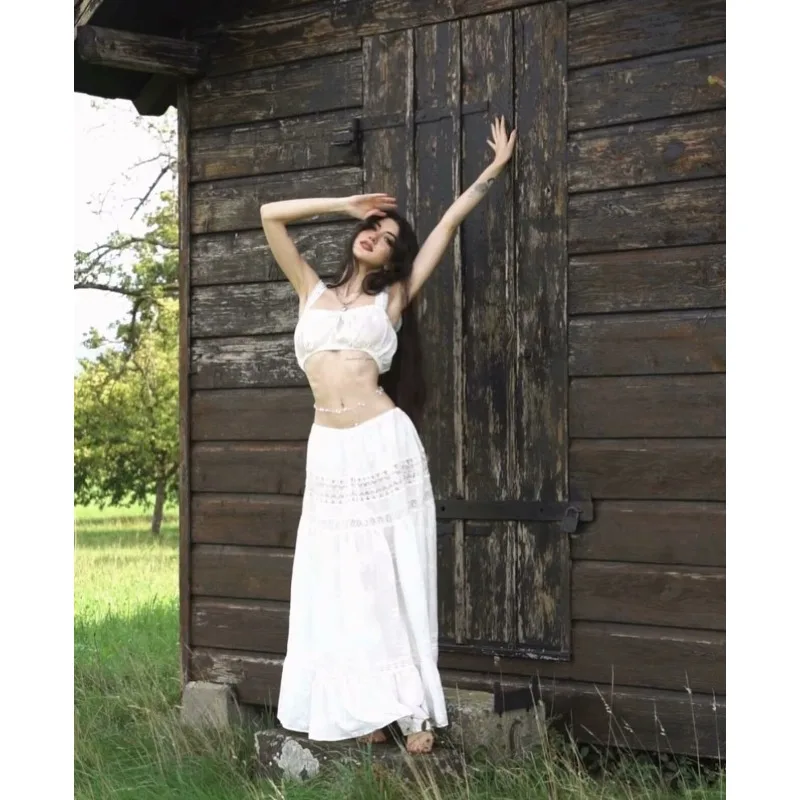 Ootddress Women‘s Casual 2 Piece Sets Bandage Sleeveless Crop Top See Through Lace Up A Line Maxi Dress Holiday Party Lady Outfits 20 undefined