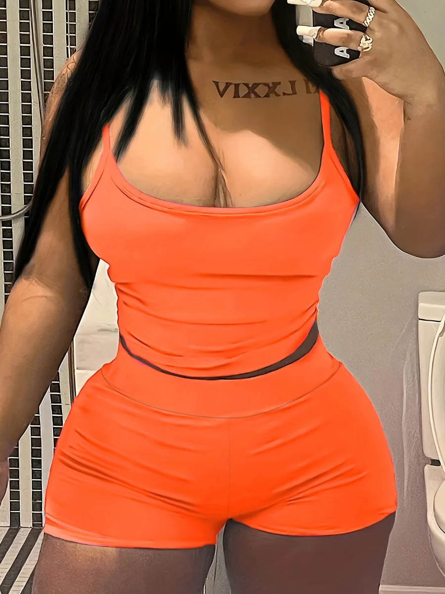 Women Chic Cami Skinny Stretchy Shorts Set Suspenders Top - Stylish and Comfortable