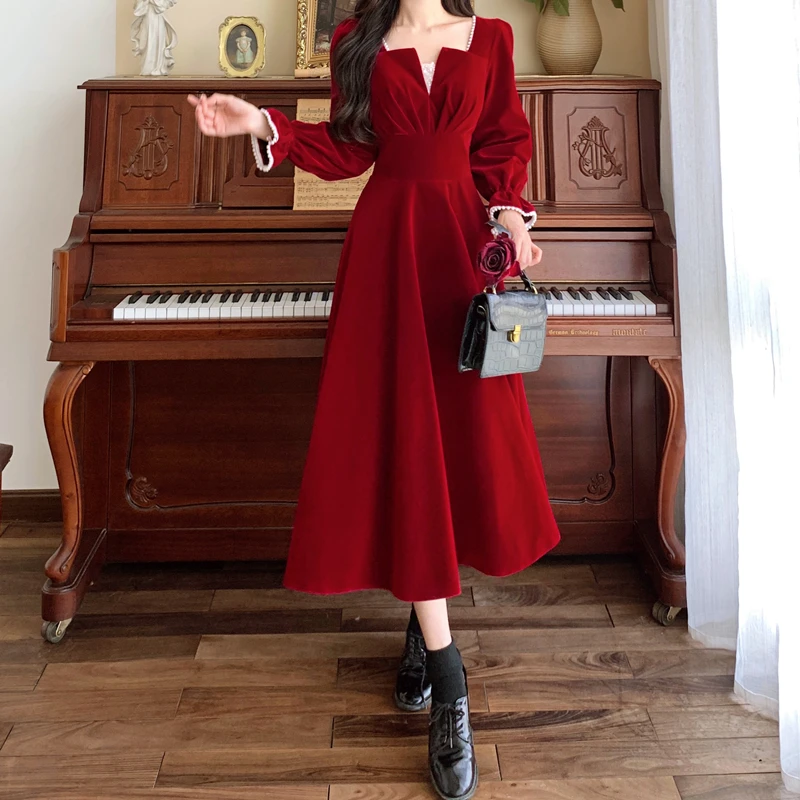 French Vintage A-line Wedding Party Dress Women Autumn Elegant Long Sleeve Backless Red Vestidos Mujer Princess Robe Spring New