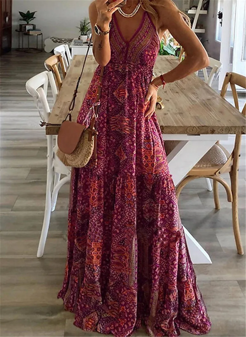 2025 Spaghetti Strap Dresses For Women Vintage Printed Bohemian Style Beach Dress Fashion Sexy V-neck Lady Maxi A-line Vestidos