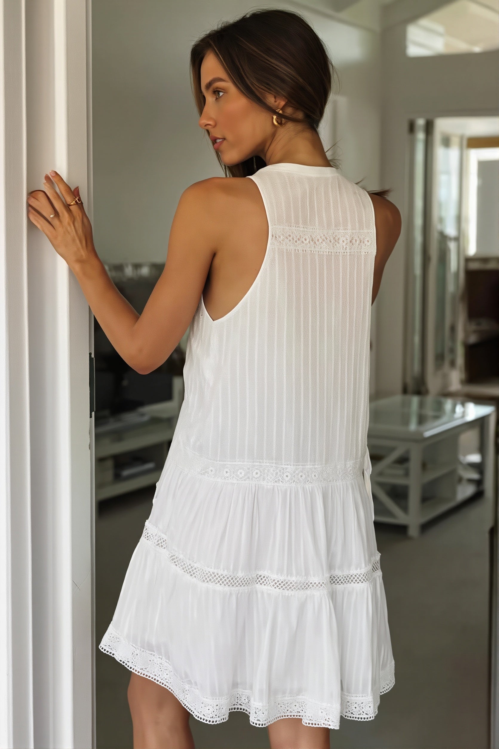 Lace Insert Button Front Tiered Pleated Flare Mini Dress