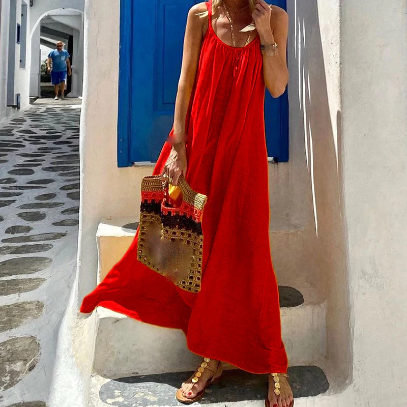 Bohemian Solid Color Spaghetti Strap Dresses Women Loose Sexy Backless Beach Vacation Long Dress Female Fashion Casual Vestidos
