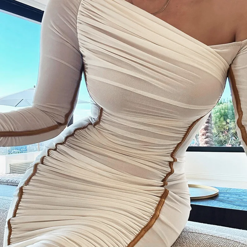 Ootddress White Mesh Off-Shoulder Maxi Dress Female Long Sleeve Patchwork Fashion Contrast Summer Backless Ladies Party Long Dress