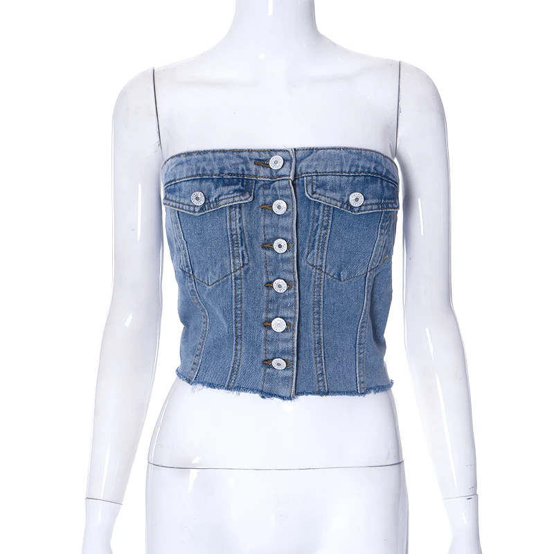 Solid Denim Pocket Design Button Vest Women Casual Bare Midriff Wrapped Chest Sleeveless Crop Tops Streetwear Tanks - Sleeveless Crop Tops Streetwear Tanks - Women Casual Bare Midriff Wrapped Chest - Solid Denim Pocket Design Button Vest